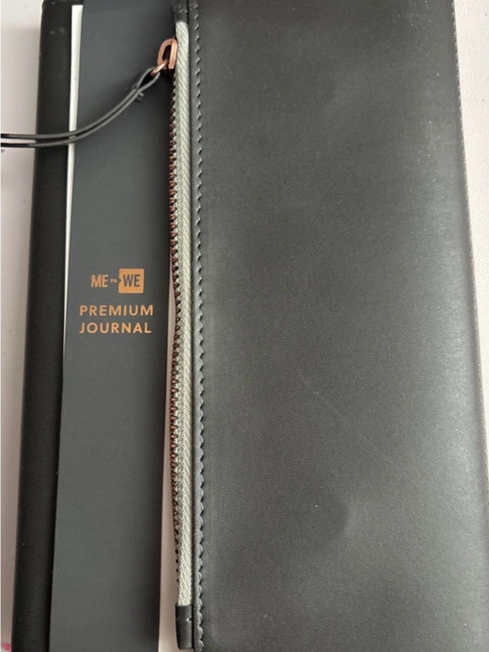 Me to We Black Leather Zip Travel Wallet with Rose Gold Accents